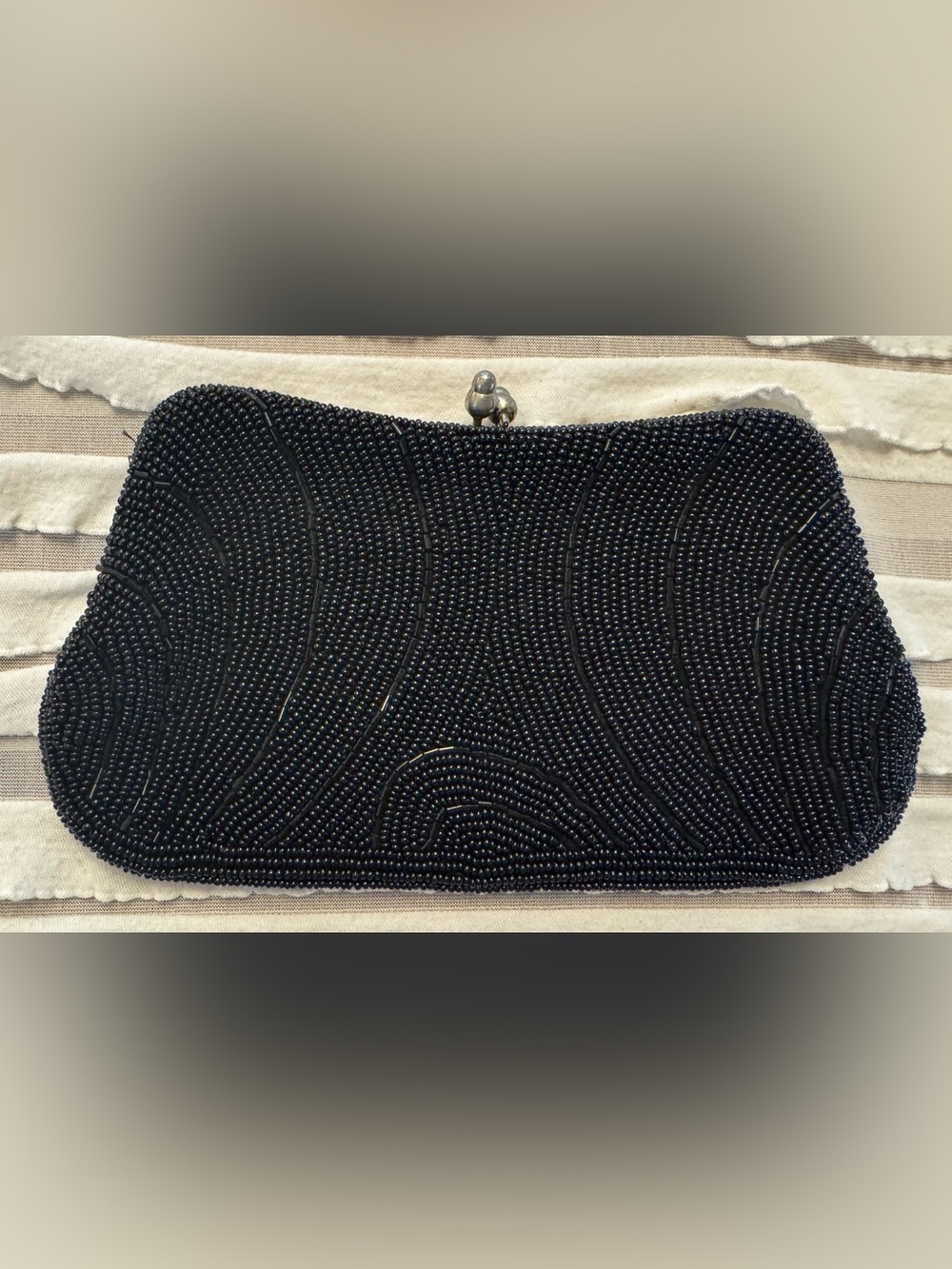 Vintage Black Seed Bead Handbag Purse Cocktail Formal Clamshell Clutch 1950s VTG